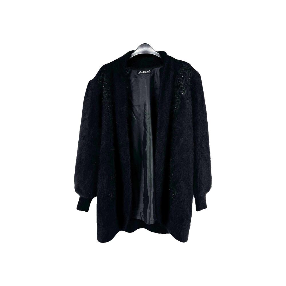 Lee Sands Angora Rabbit Open Cardigan Sweater 80s Vintage One Size Black Beaded